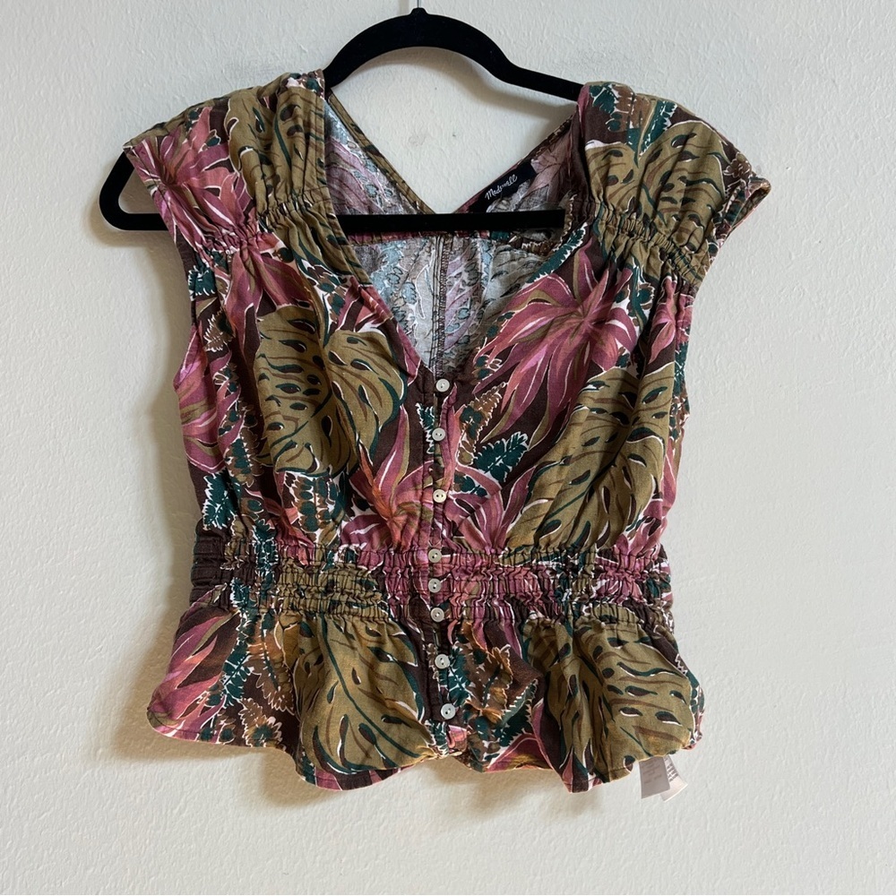 Madewell Shirred Cap Sleeve Top in Brushstroke Monstera in Dark Coffee Large - Picture 3 of 4